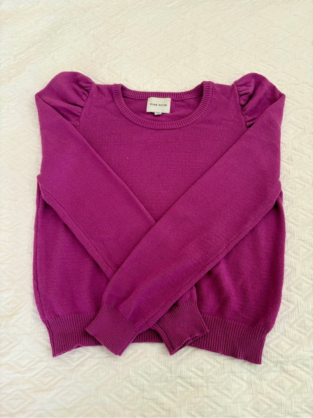 Pink Rose Women's Bright Magenta Puff-Sleeve Crew Sweater - Picture 2 of 3